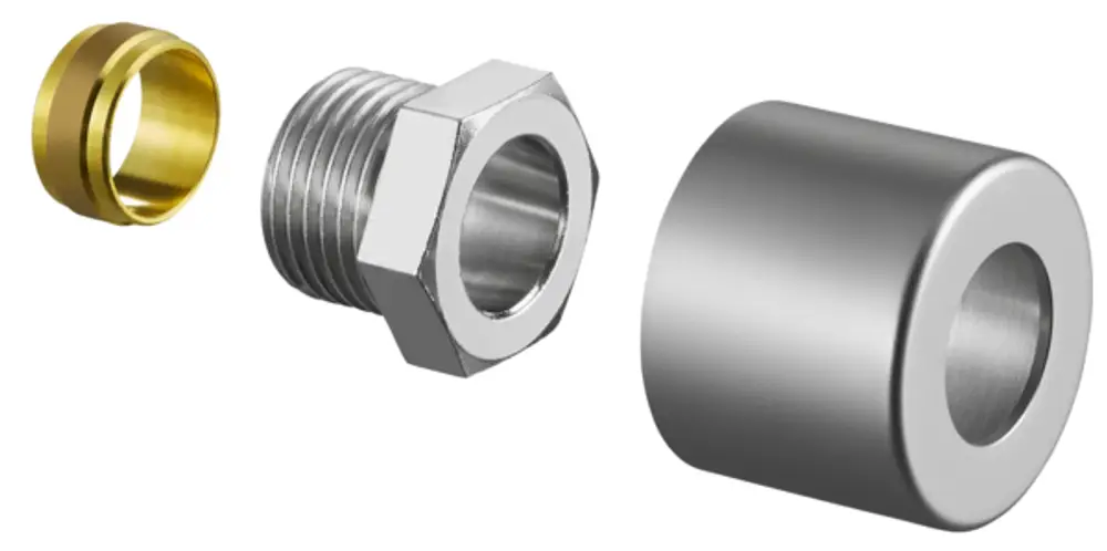 Oventrop Klemmringverschraubungsset bestehend aus einem zylindrischen Element, einer gewindierten Verbindung und einem kleinen ringförmigen Teil, alle in Edelstahloptik.